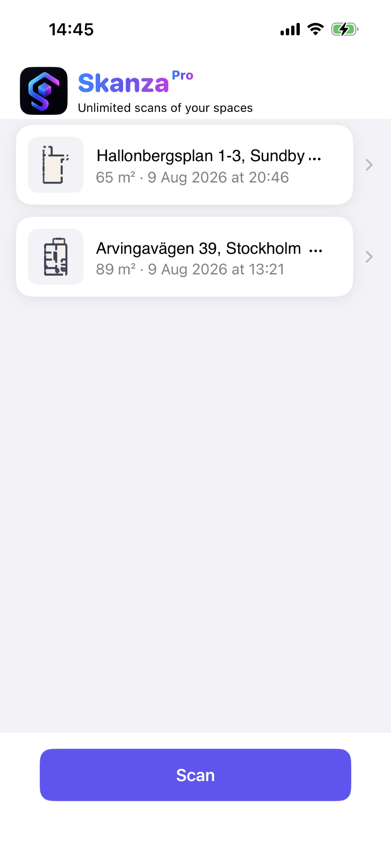 Skanza home screen listing scanned spaces with their size and last-updated date