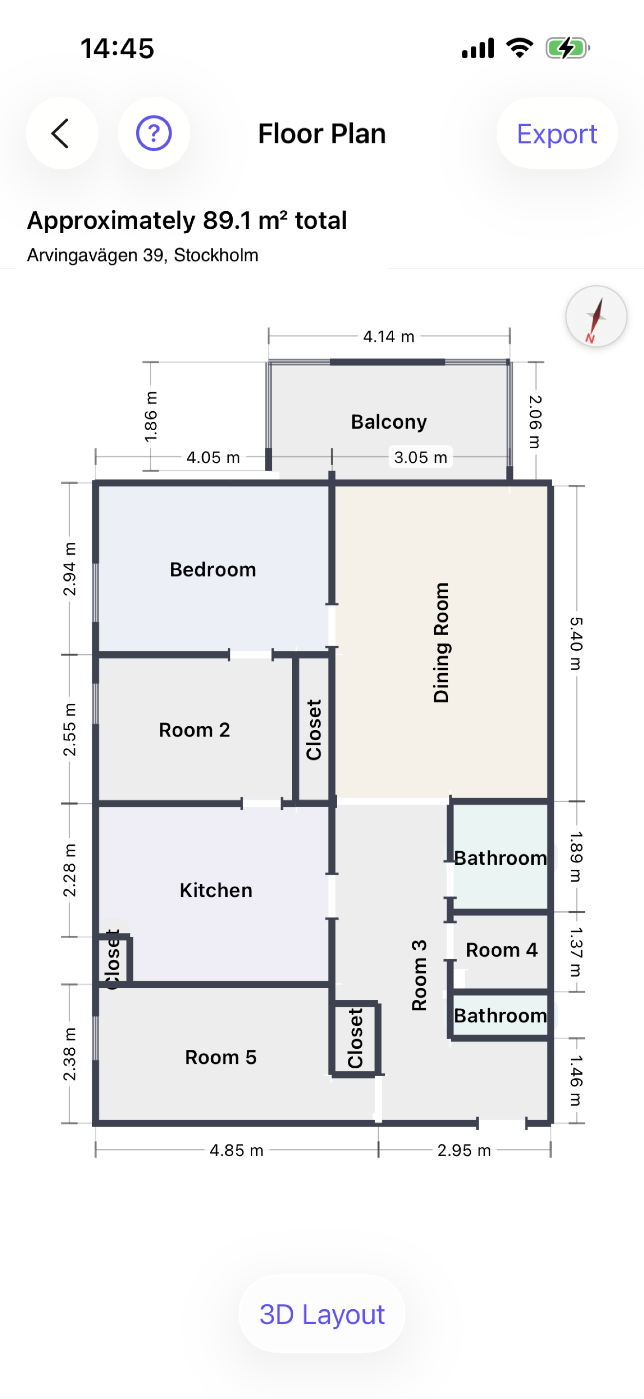 Skanza floor plan screen showing a fully labeled, dimensioned 2D layout
