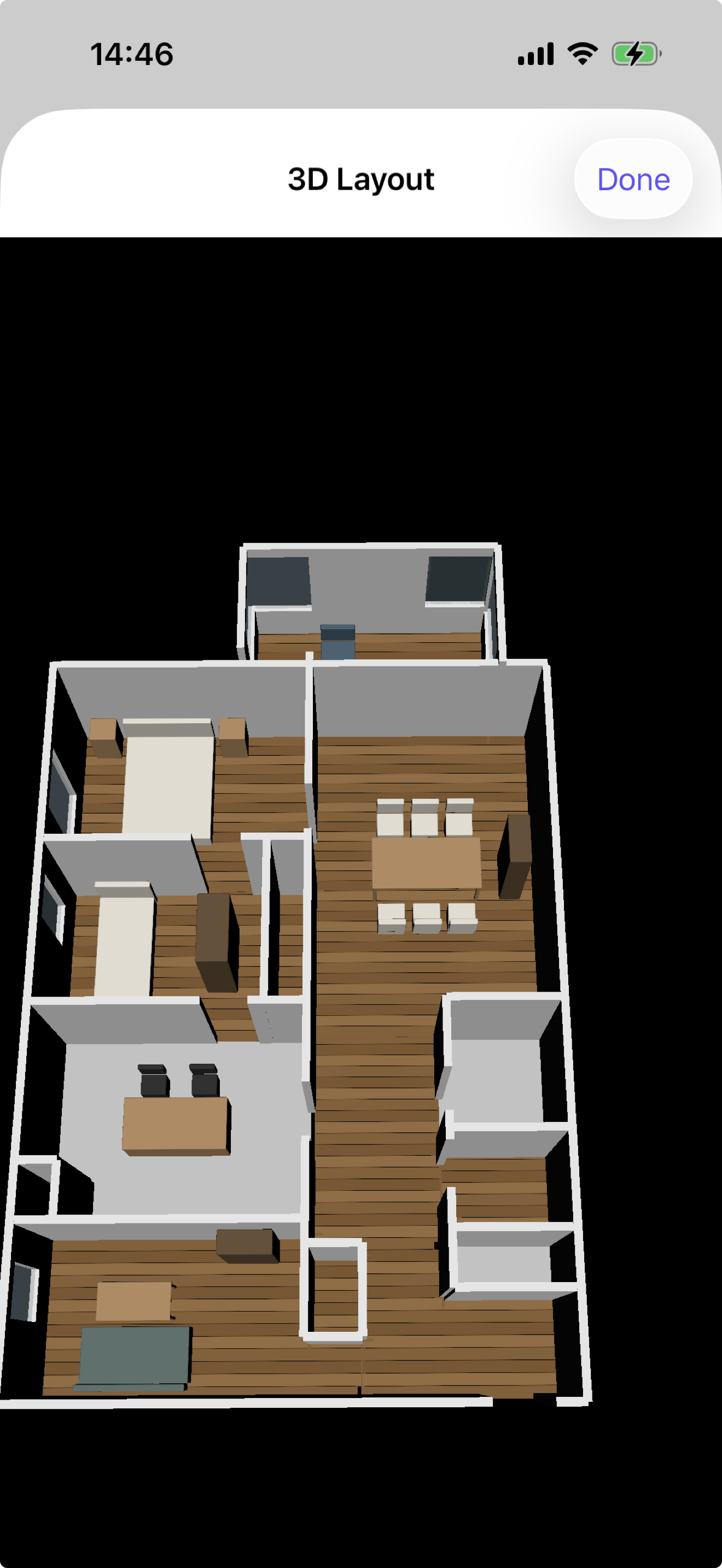 Skanza 3D layout view of a scanned apartment with furniture placed in each room