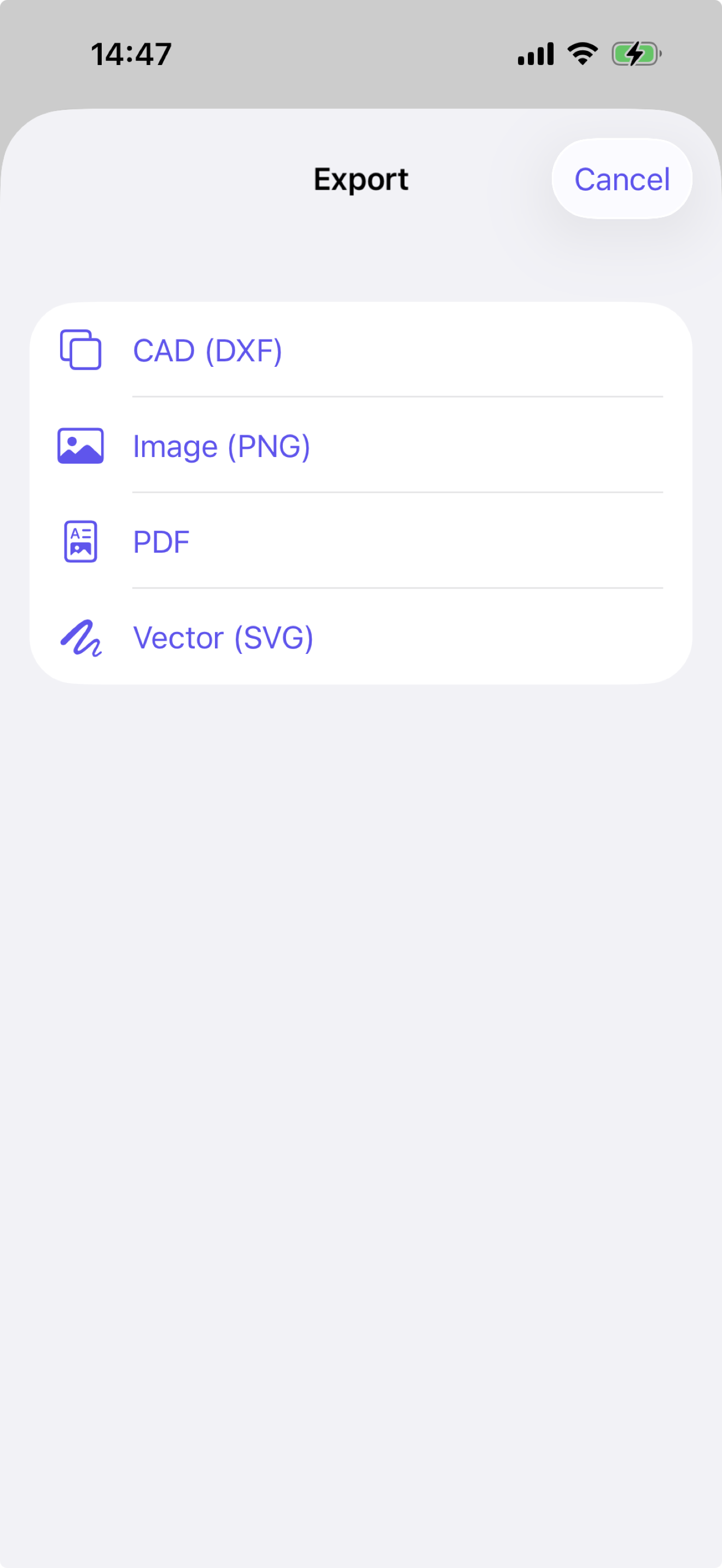 Skanza export sheet with CAD, PNG, PDF, and SVG format options