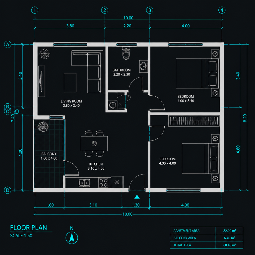 Clean 2D architectural floor plan with dimensions and room labels on a dark background
