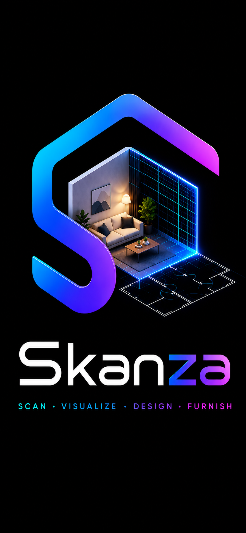Skanza app visual showing a 3D room scan built from camera and LiDAR data, with a cyan and purple grid overlay