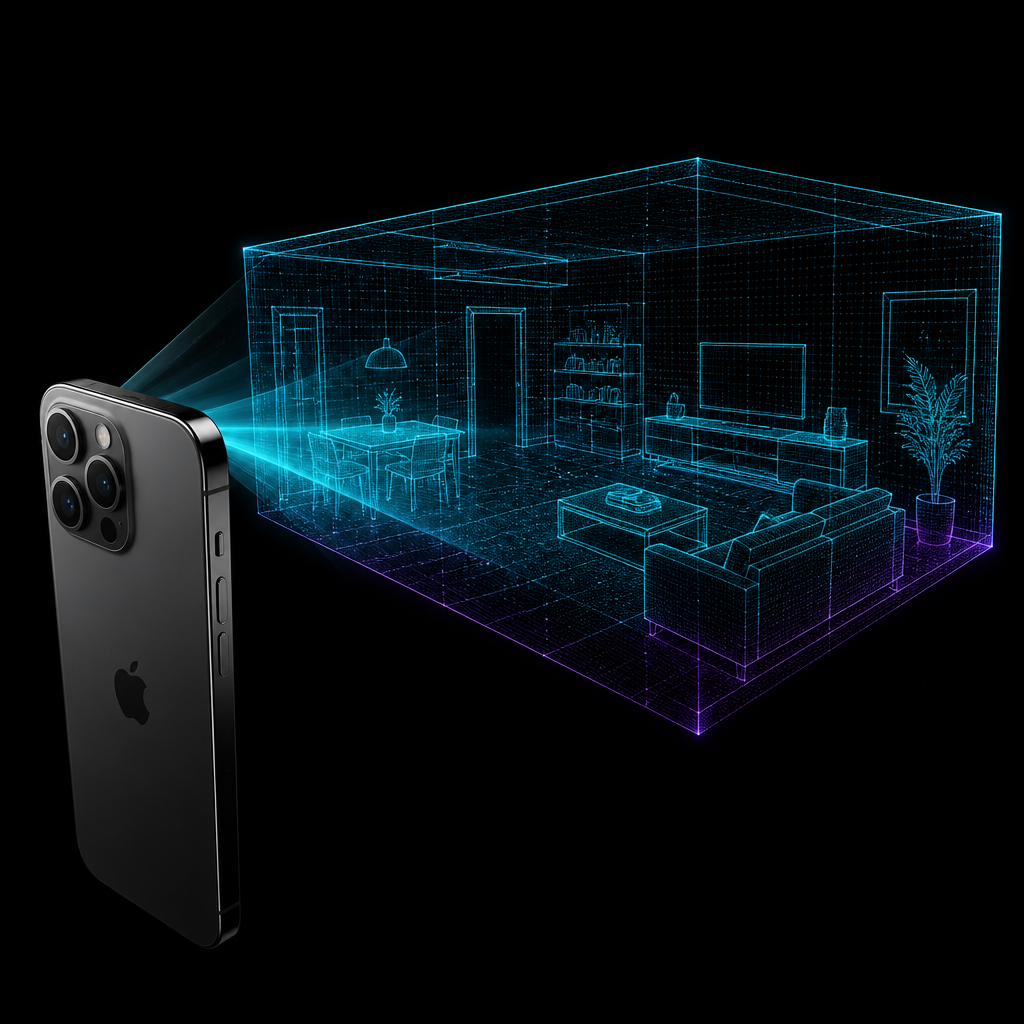 iPhone using camera and LiDAR to project a cyan wireframe scan of a living room
